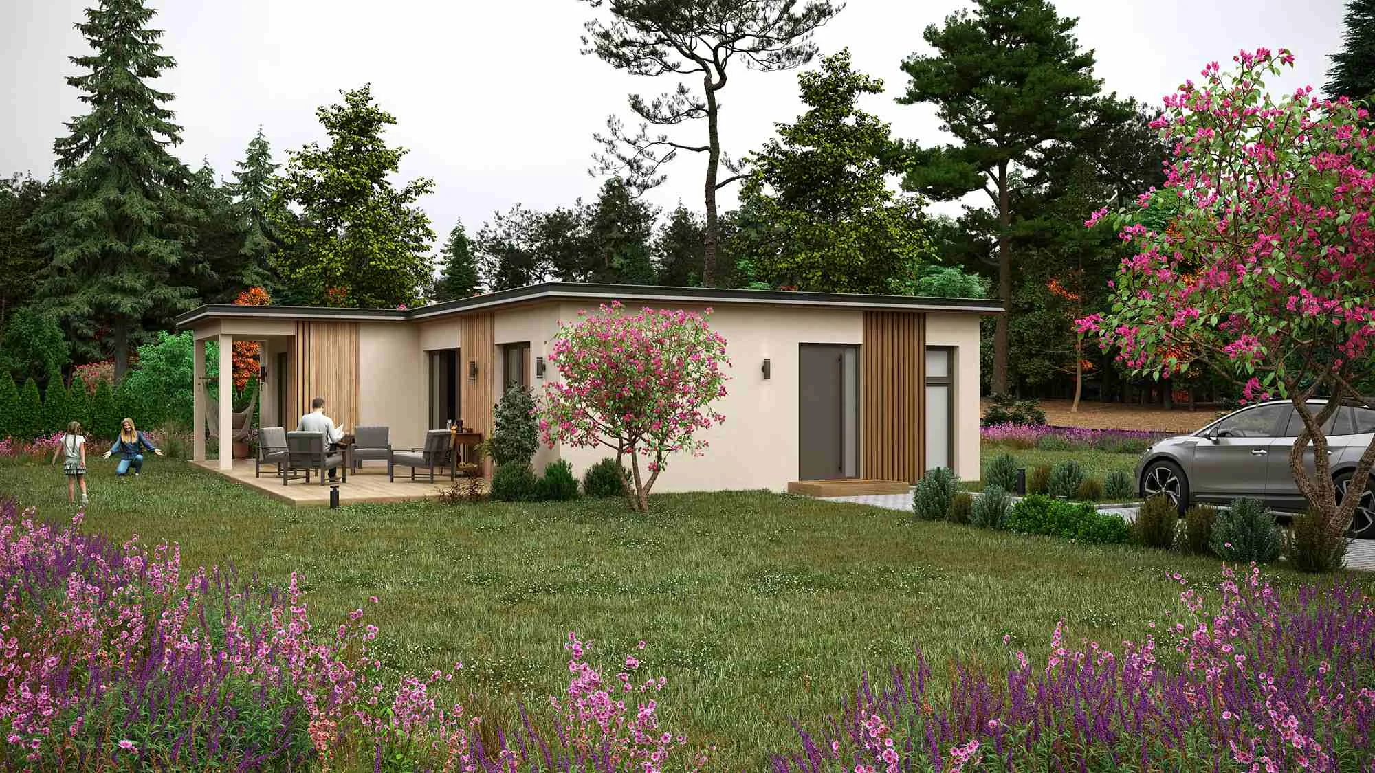 Vizualizace dřevostavby Eric – modulový bungalov 3+KK, 92 m² s plochou střechou a prostornou terasou