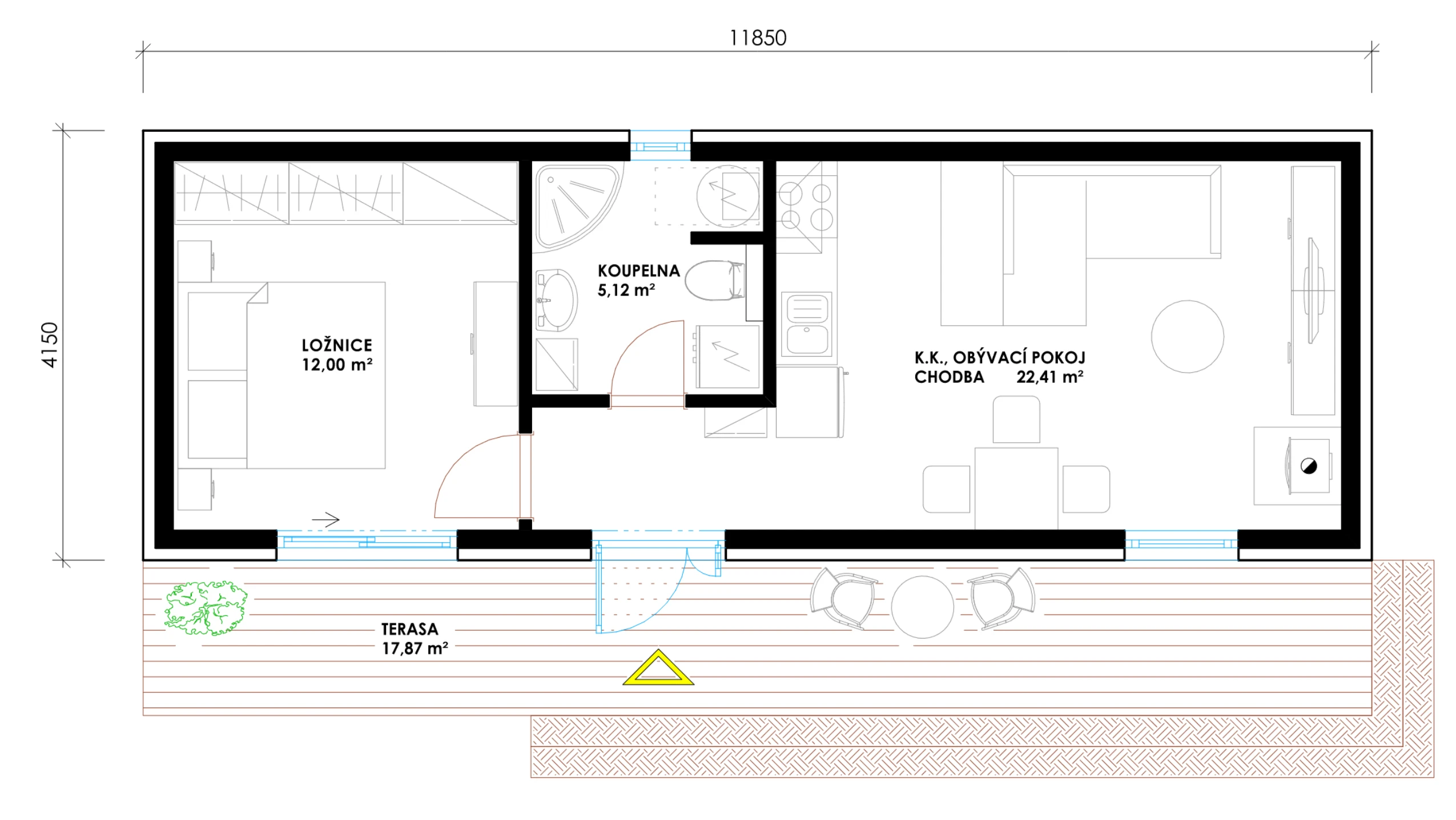Půdorys modulového domu I – dispozice 2+KK, 49 m²