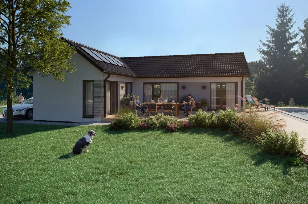 Vizualizace dřevostavby Nikolas – bungalov 4+KK, 94 m² se sedlovou střechou a fotovoltaickými panely
