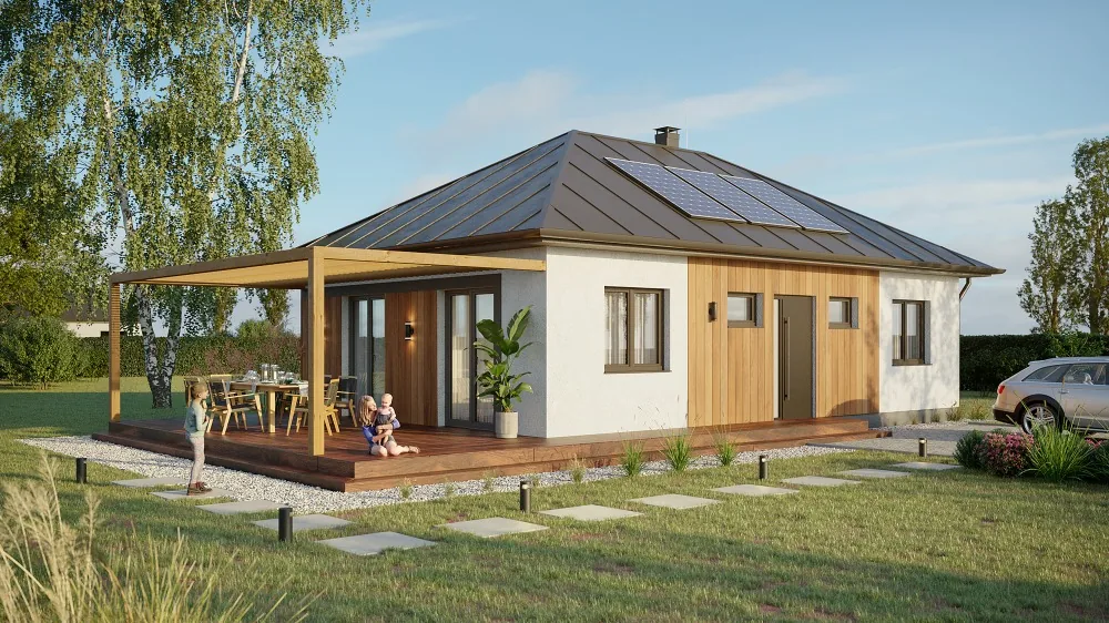 Vizualizace bungalovu s pergolou a fotovoltaikou